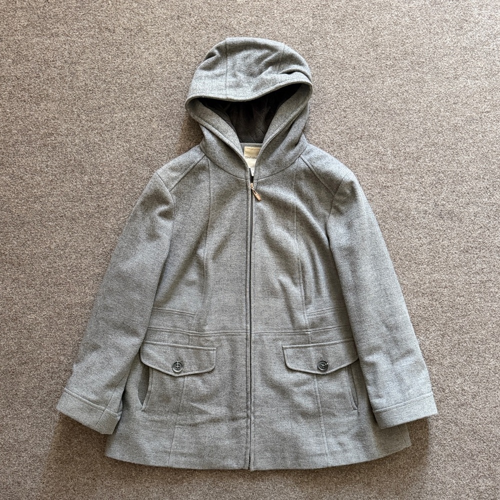 Croft & Barrow Light Grey Wool Jacket Womens 1X Fur Lined Hood Full Zip Coat Y2K